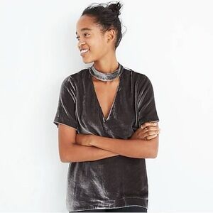 Madewell Size Medium Short Sleeve Velvet Choker Top Blouse Gray Work Neutral